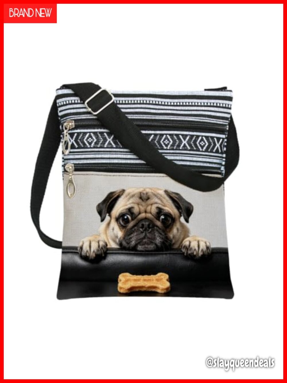 Pug Print Crossbody Bag Boho Polyester Adjustable Strap Multi Zip Purse Small